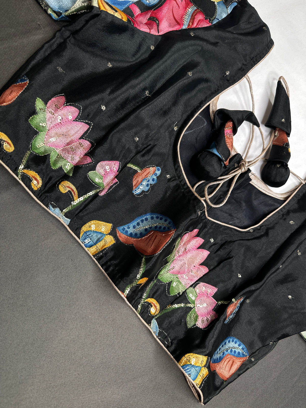Black Chinon Silk Kalamkari Stitched Ready-Made Blouse - BL000797