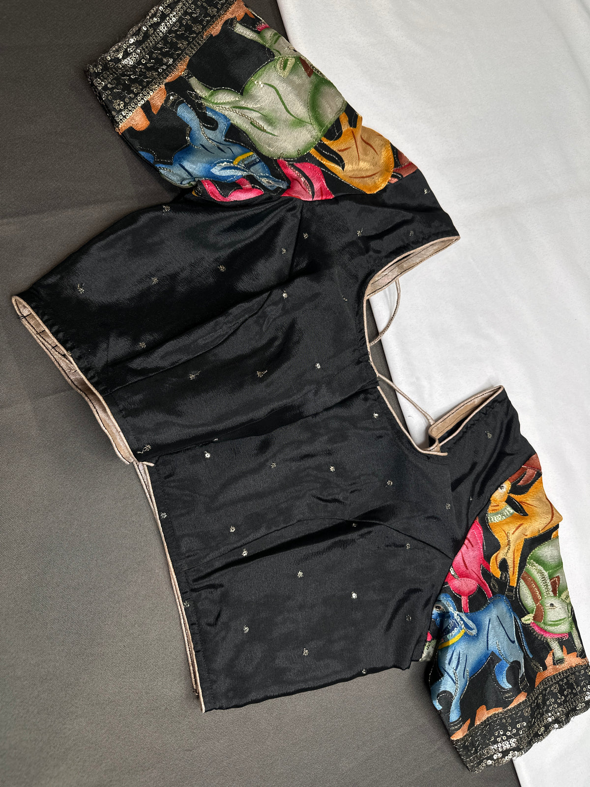 Black Chinon Silk Kalamkari Stitched Ready-Made Blouse - BL000797