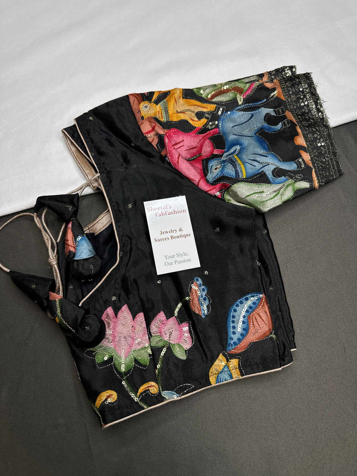 Black Chinon Silk Kalamkari Stitched Ready-Made Blouse - BL000797