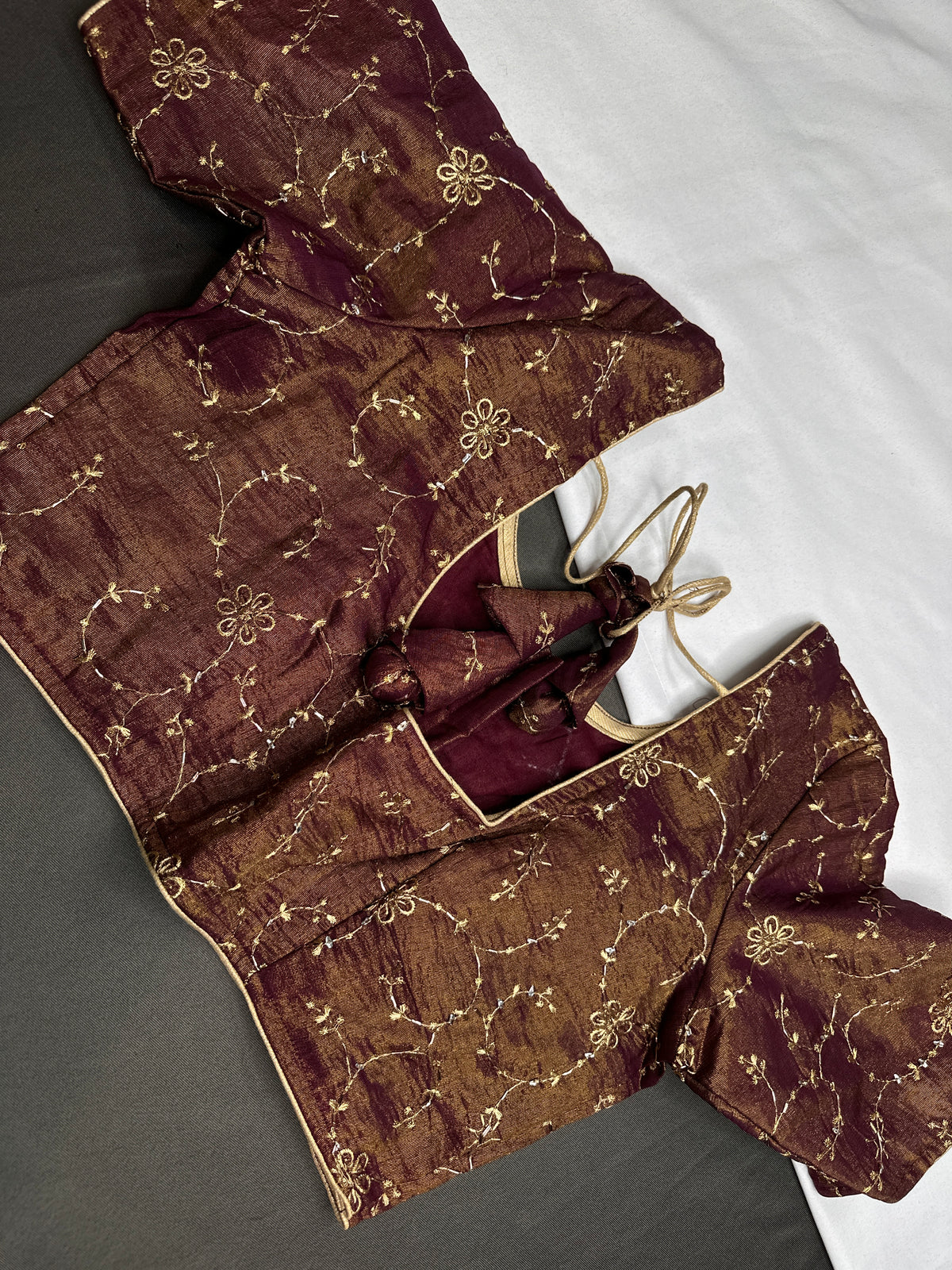 Deep Wine Burgundy with Antique Gold Stitched Ready-Made Blouse - BL000798