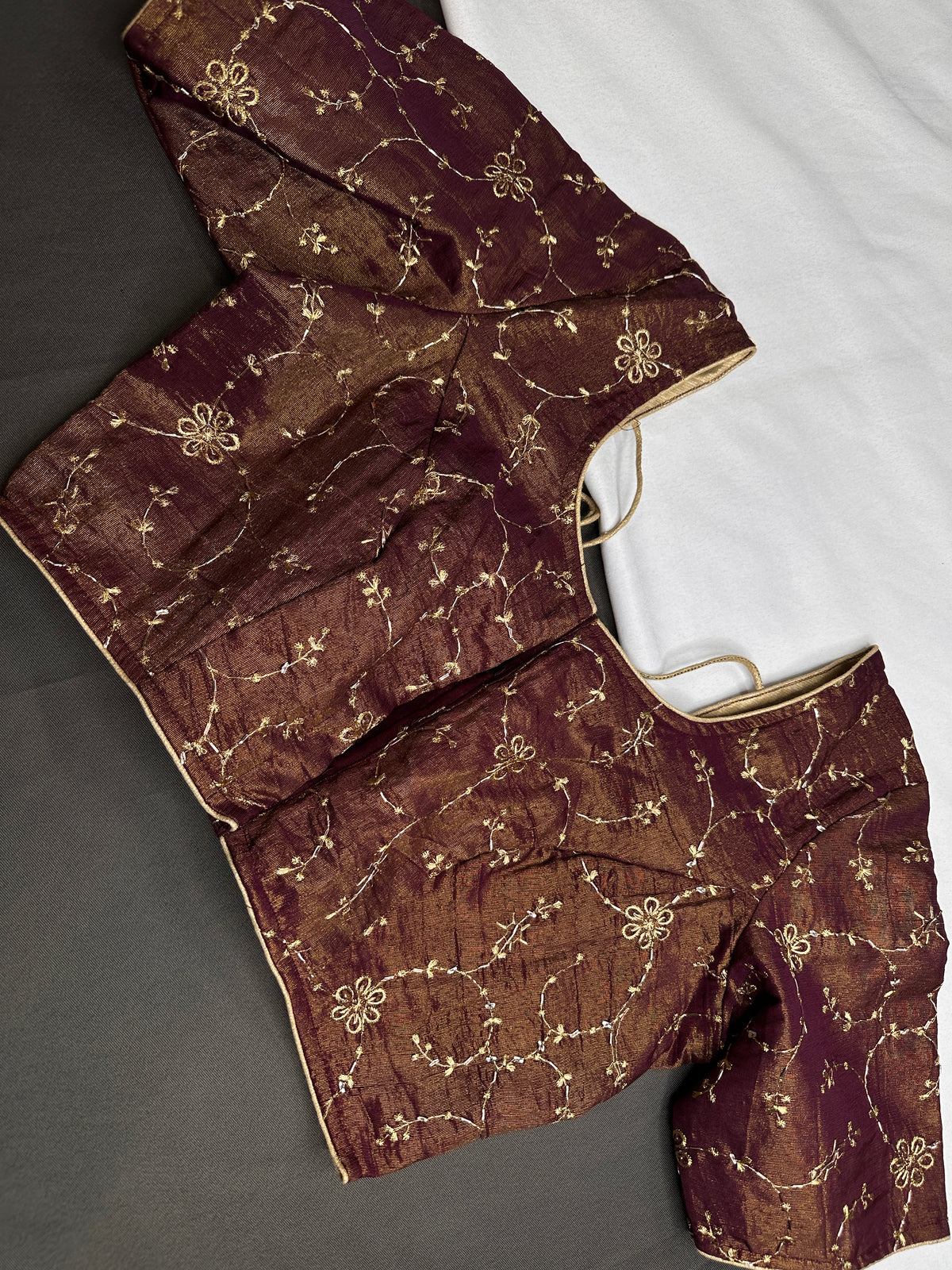 Deep Wine Burgundy with Antique Gold Stitched Ready-Made Blouse - BL000798