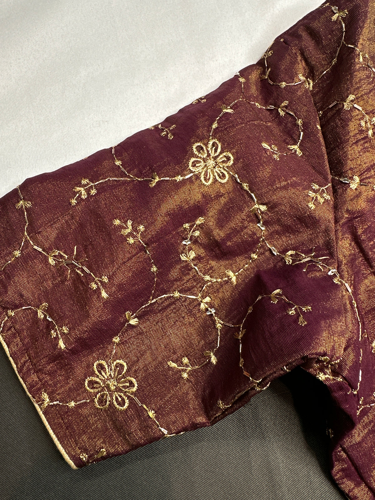 Deep Wine Burgundy with Antique Gold Stitched Ready-Made Blouse - BL000798