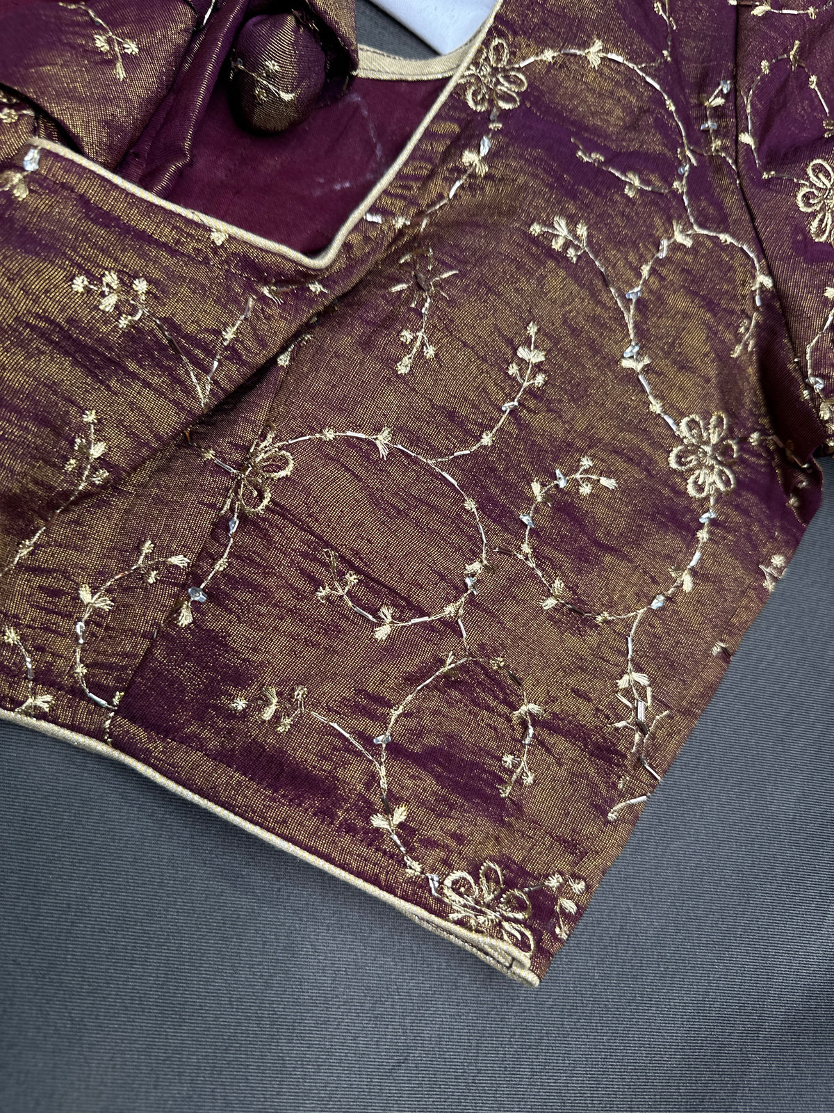 Deep Wine Burgundy with Antique Gold Stitched Ready-Made Blouse - BL000798