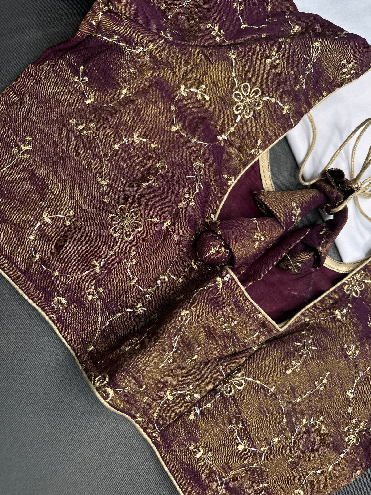 Deep Wine Burgundy with Antique Gold Stitched Ready-Made Blouse - BL000798