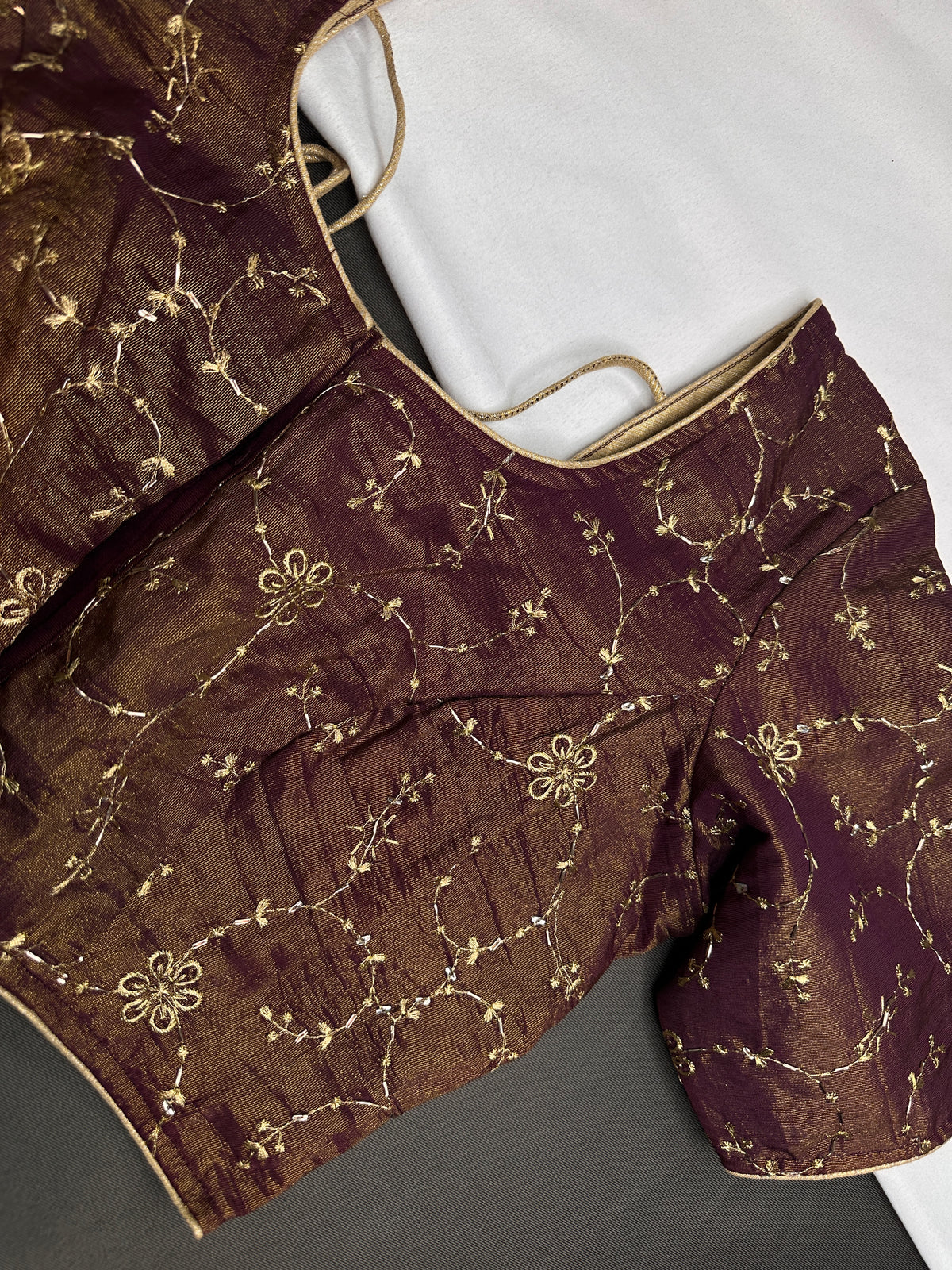 Deep Wine Burgundy with Antique Gold Stitched Ready-Made Blouse - BL000798