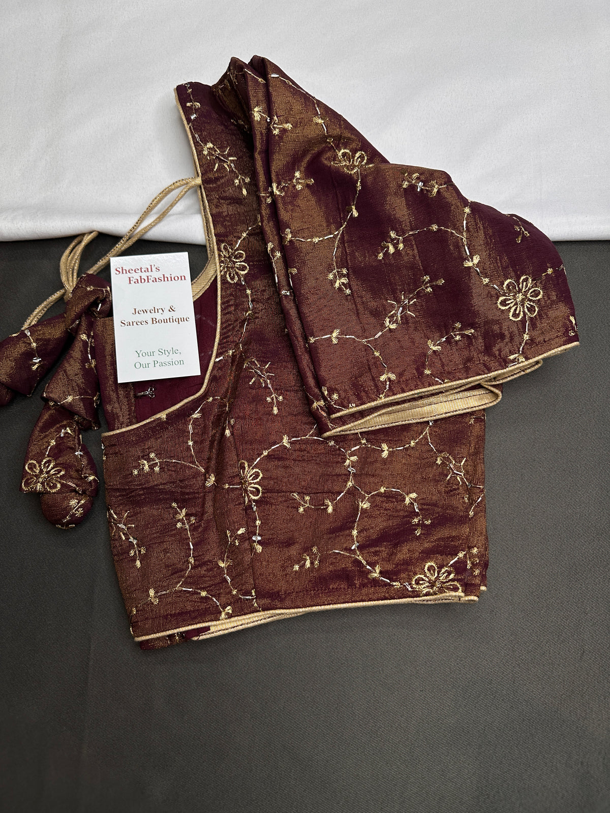 Deep Wine Burgundy with Antique Gold Stitched Ready-Made Blouse - BL000798