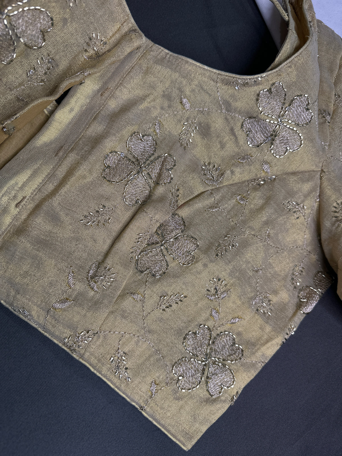 Gold Floral Tissue Silk Stitched Ready-Made Blouse - BL000799