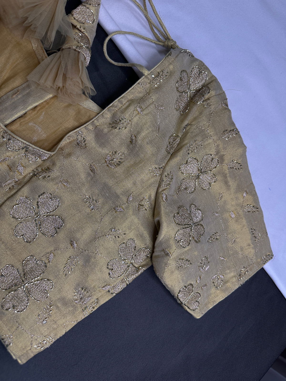 Gold Floral Tissue Silk Stitched Ready-Made Blouse - BL000799