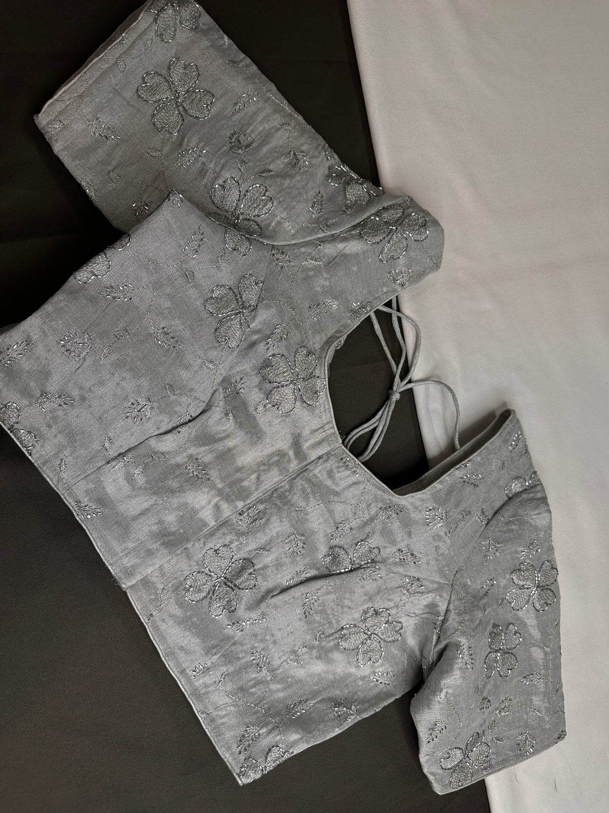 Silver Floral Tissue Silk Stitched Ready-Made Blouse - BL000800