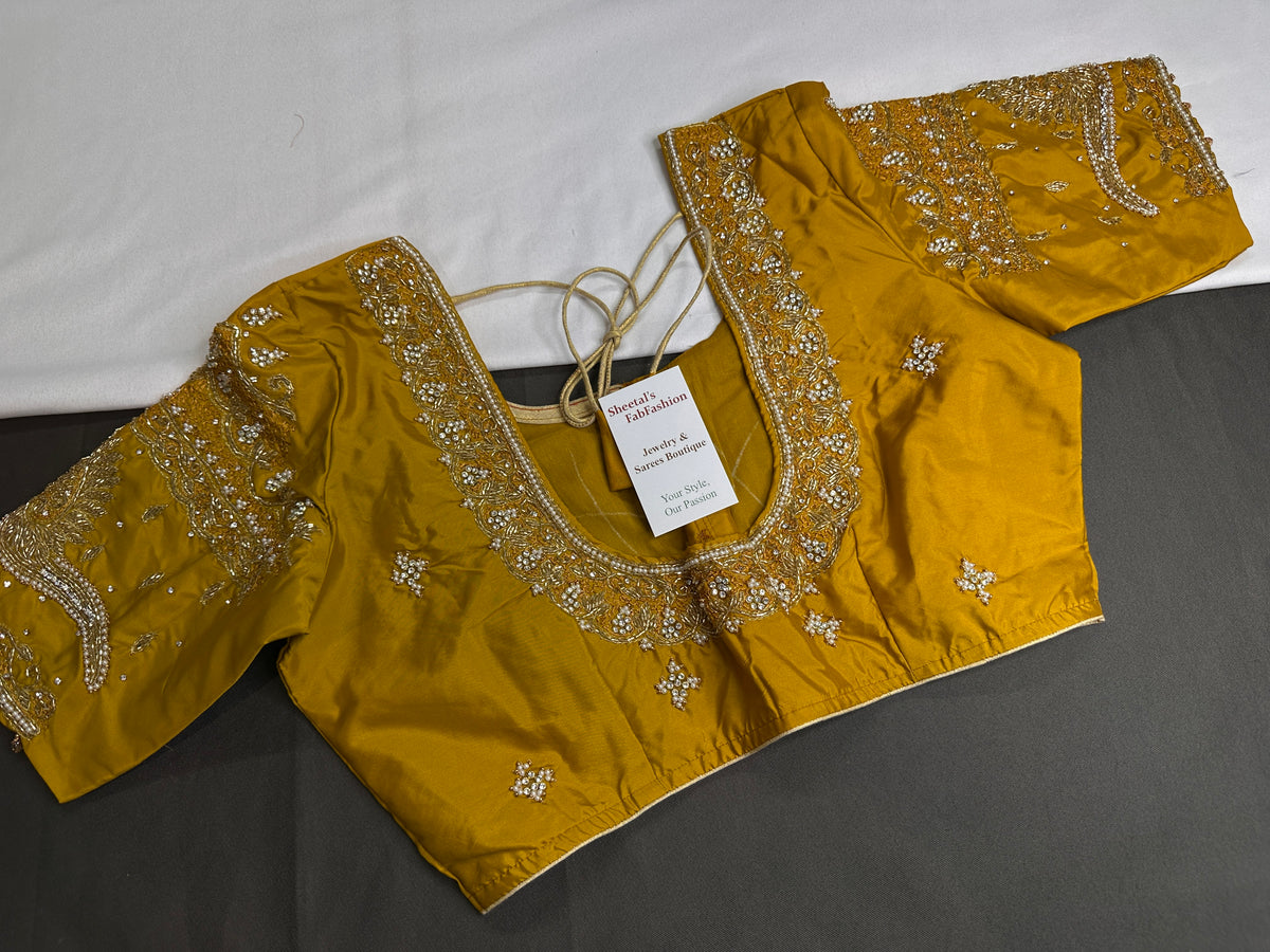 Mustard Yellow Maggam Work Silk Stitched Ready-Made Blouse - BL000801
