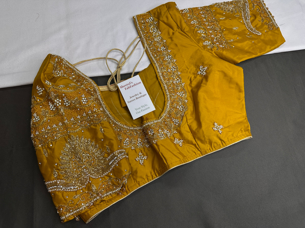 Mustard Yellow Maggam Work Silk Stitched Ready-Made Blouse - BL000801