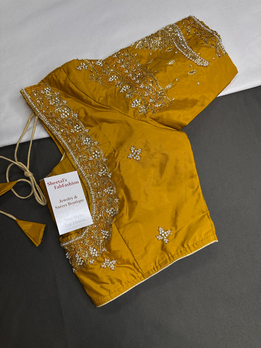 Mustard Yellow Maggam Work Silk Stitched Ready-Made Blouse - BL000801