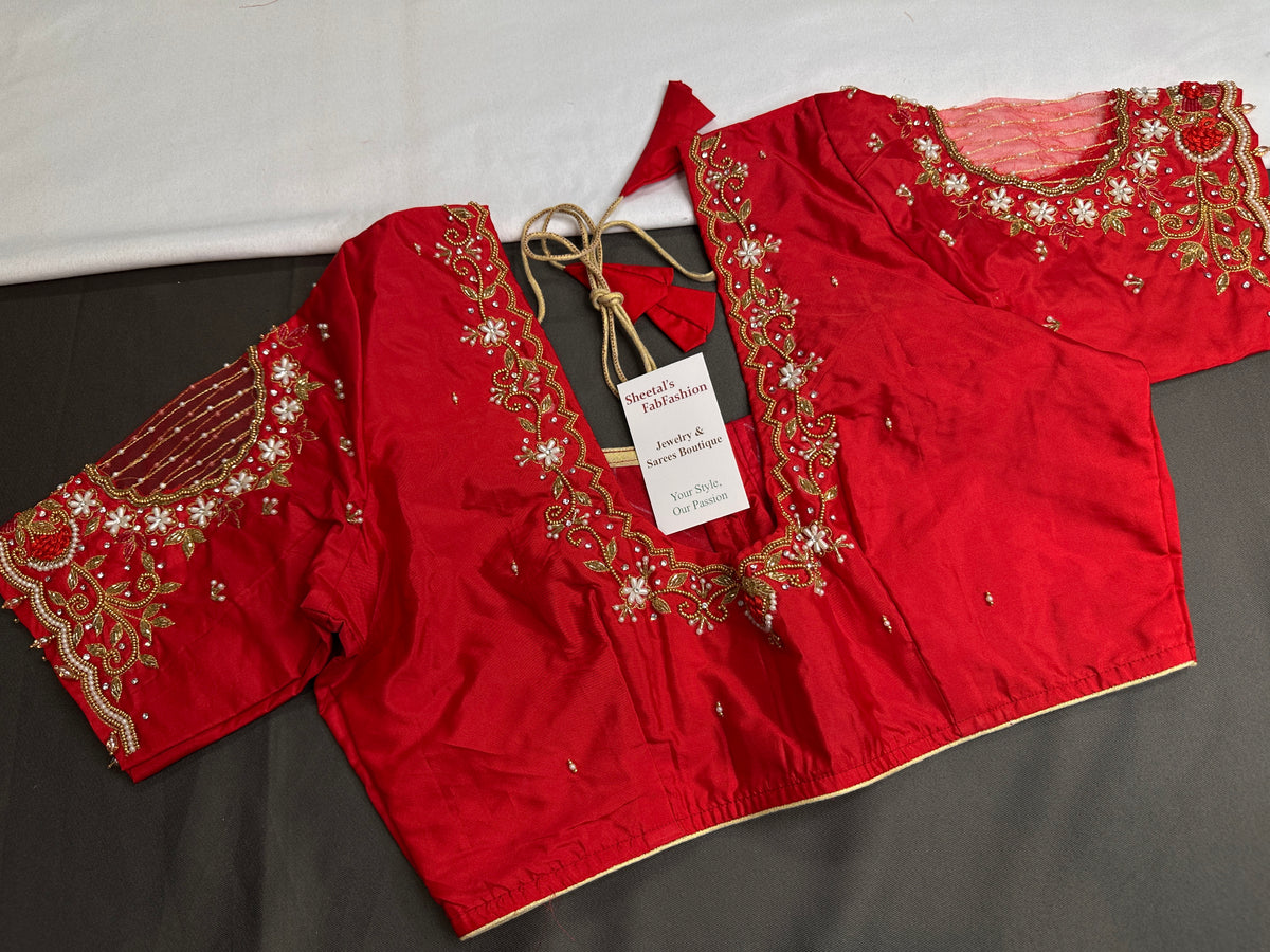 Red Net Maggam Work Silk Stitched Ready-Made Blouse - BL000802