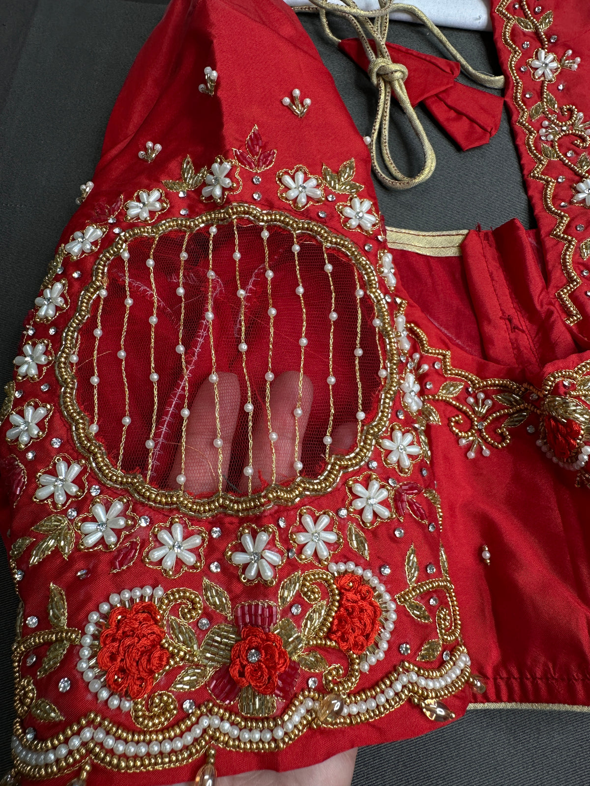 Red Net Maggam Work Silk Stitched Ready-Made Blouse - BL000802