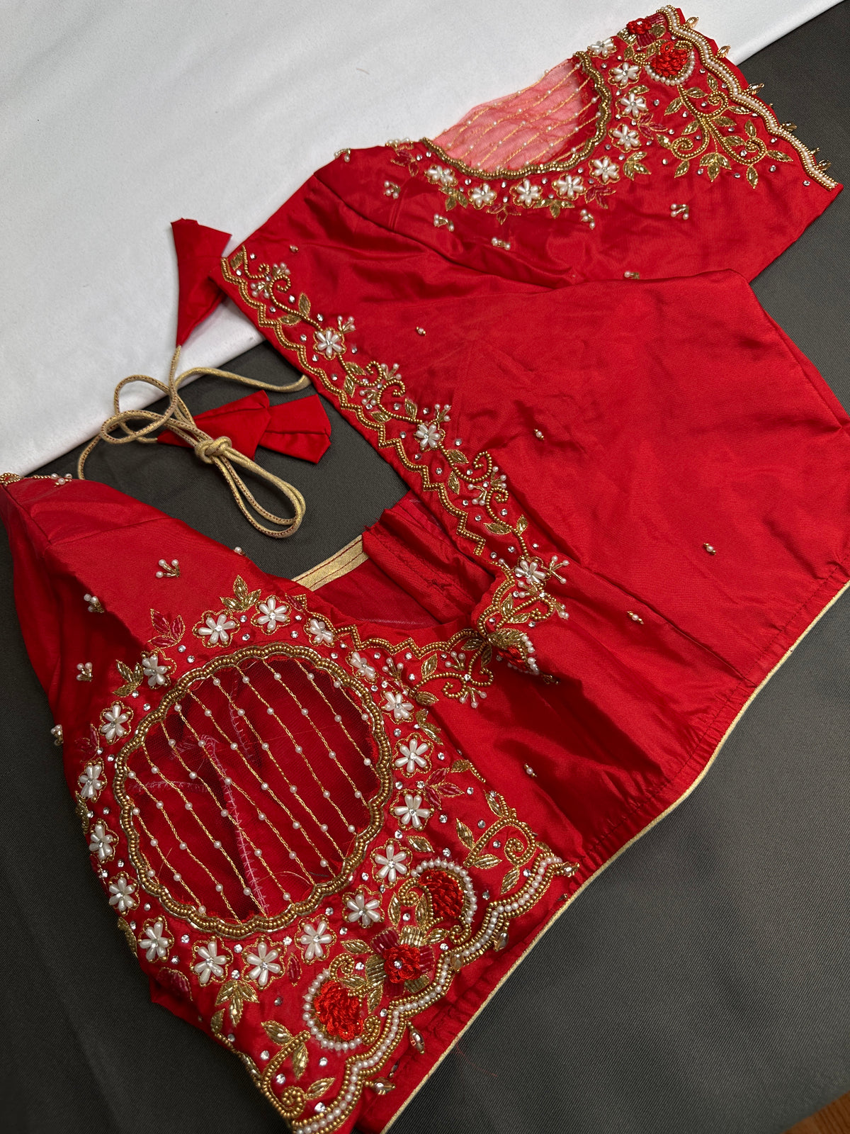 Red Net Maggam Work Silk Stitched Ready-Made Blouse - BL000802
