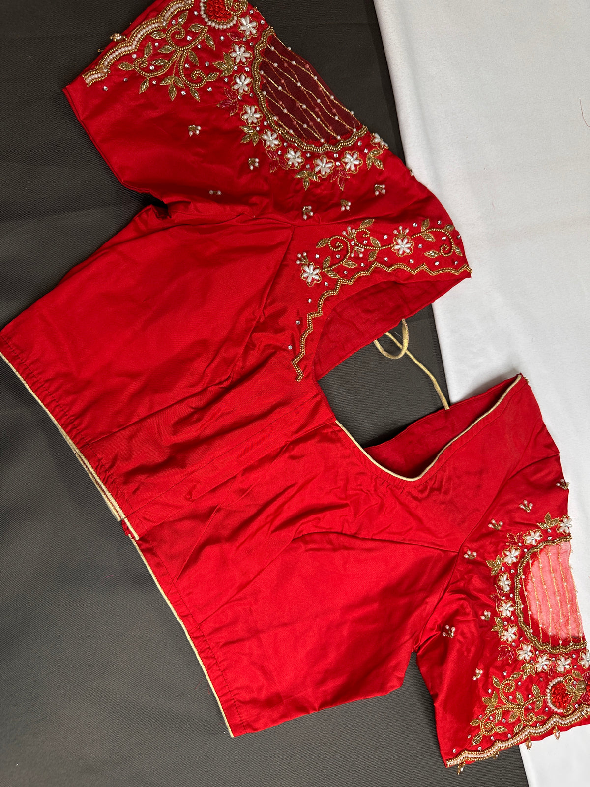 Red Net Maggam Work Silk Stitched Ready-Made Blouse - BL000802