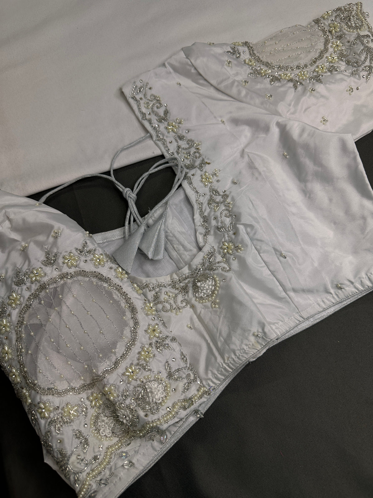 White Net Maggam Work Silk Stitched Ready-Made Blouse - BL000803