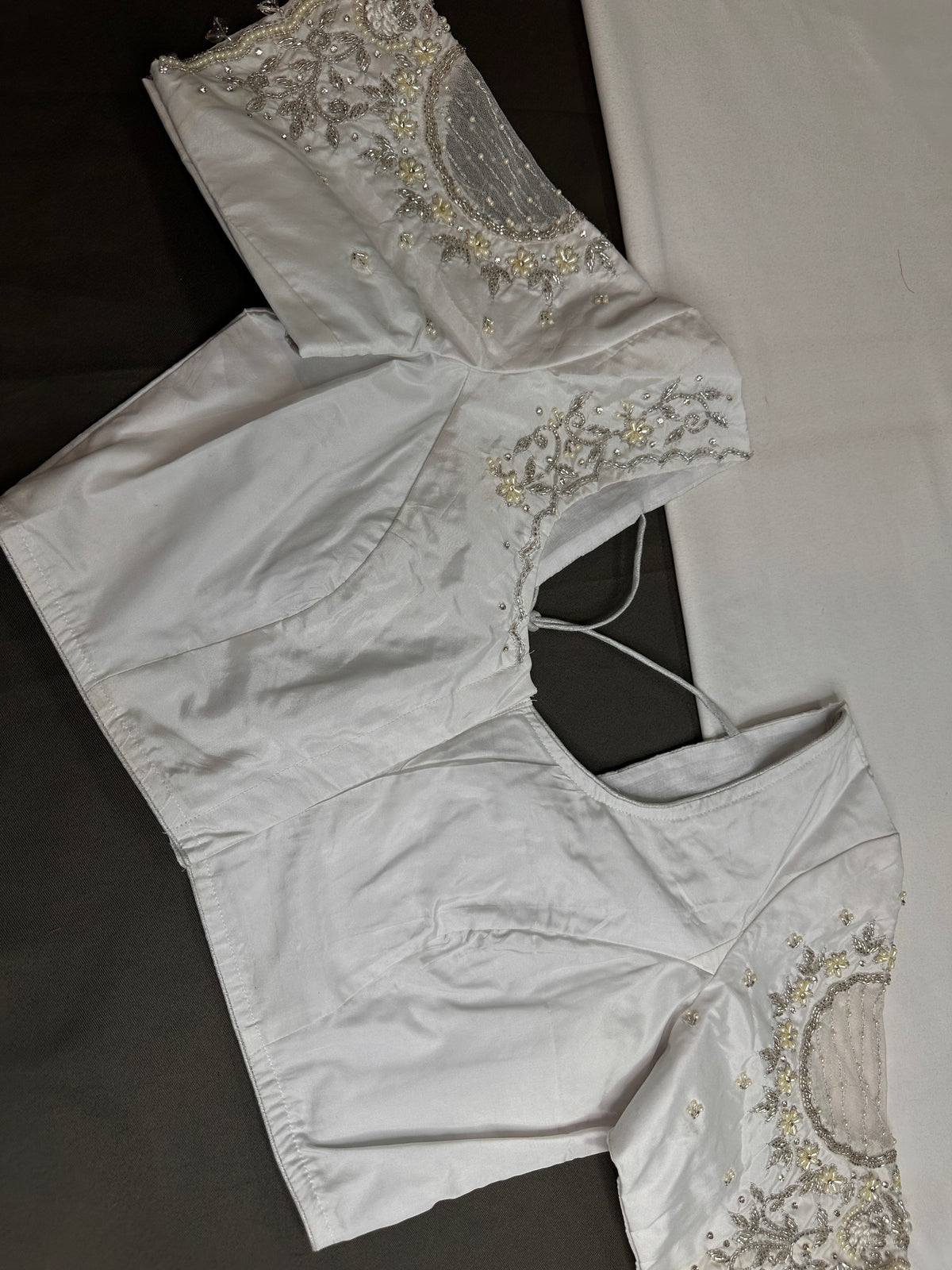 White Net Maggam Work Silk Stitched Ready-Made Blouse - BL000803