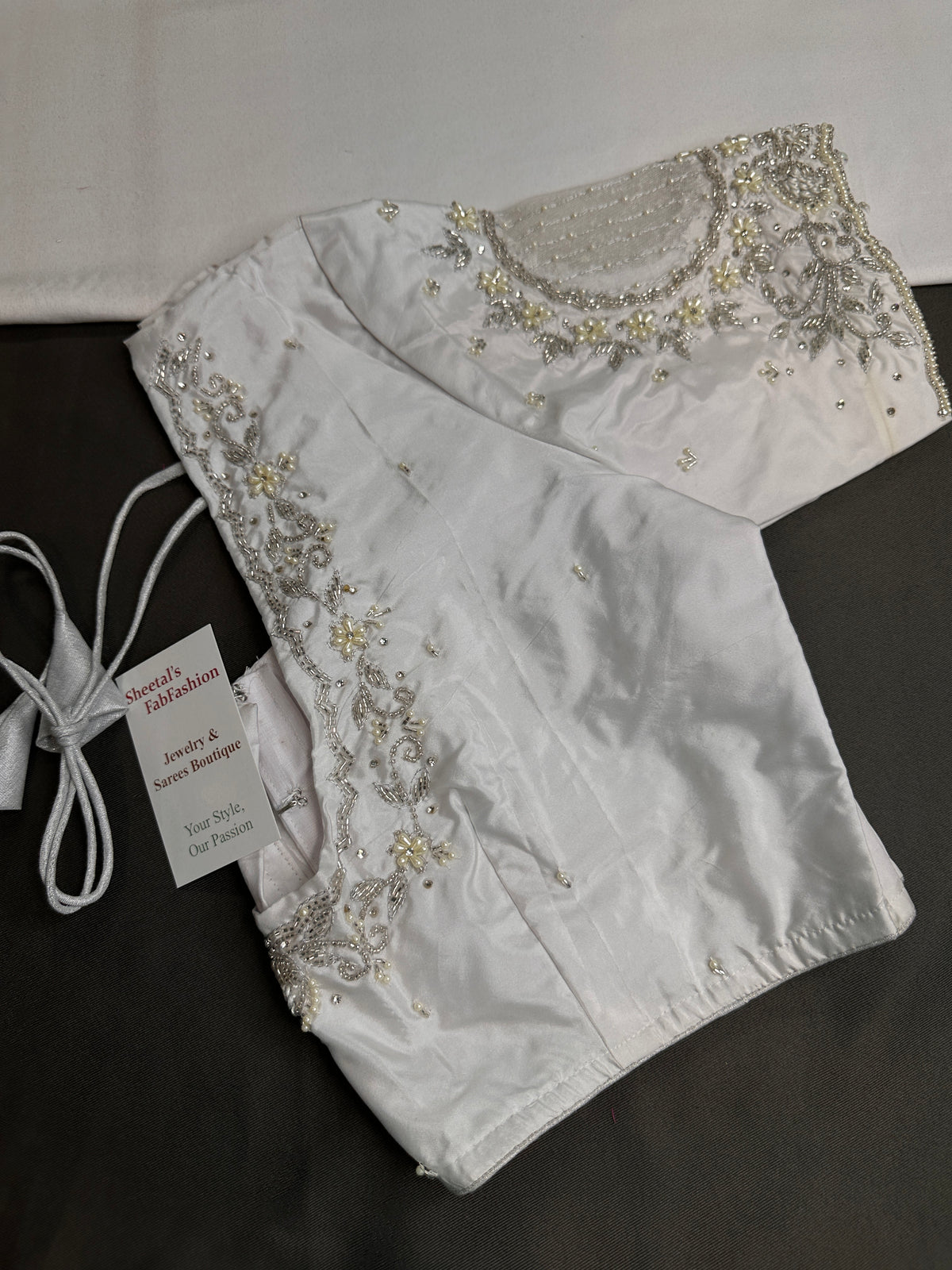 White Net Maggam Work Silk Stitched Ready-Made Blouse - BL000803