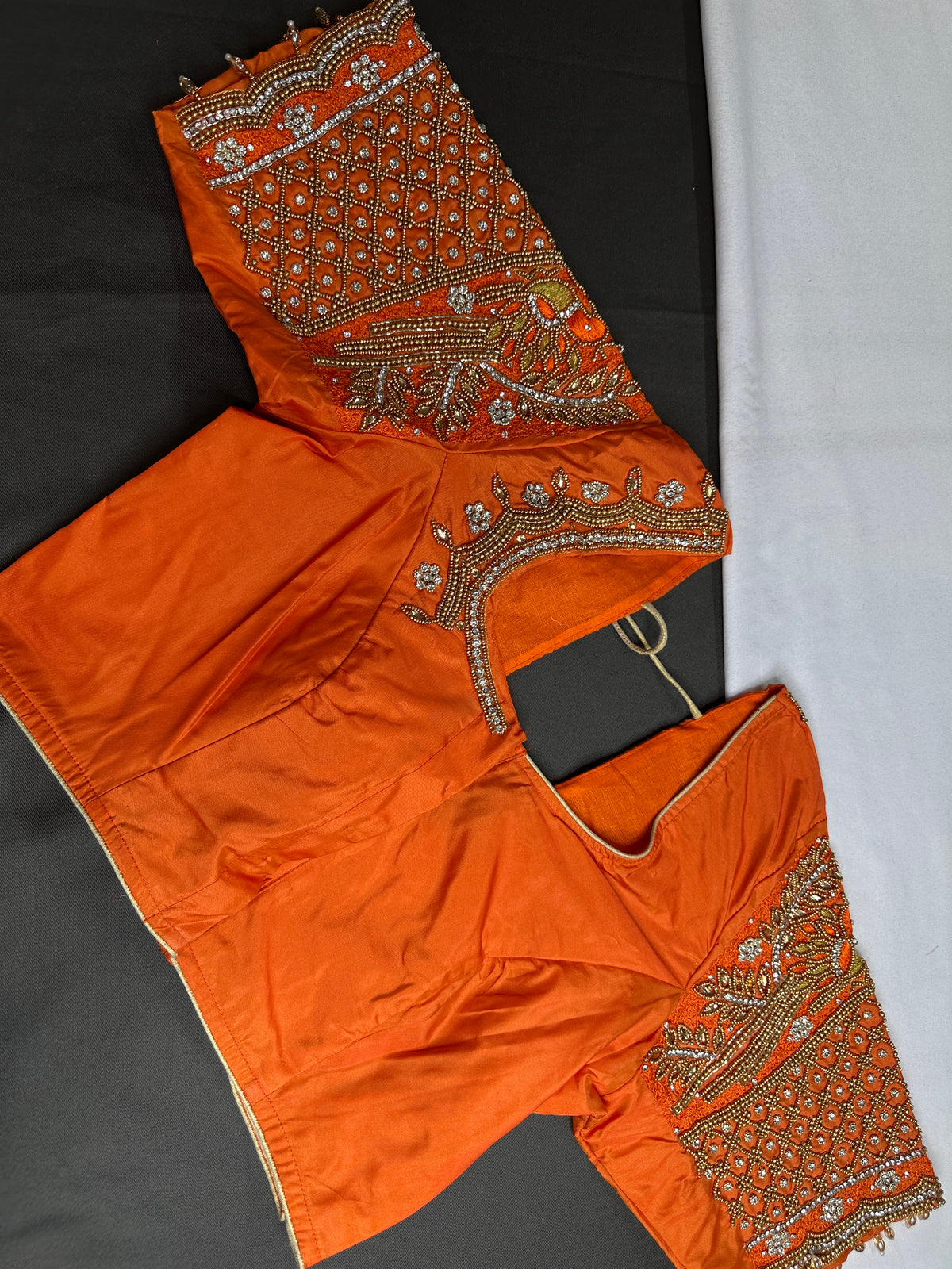 Orange Pattu Silk Maggam Aari Blouse - BL000805