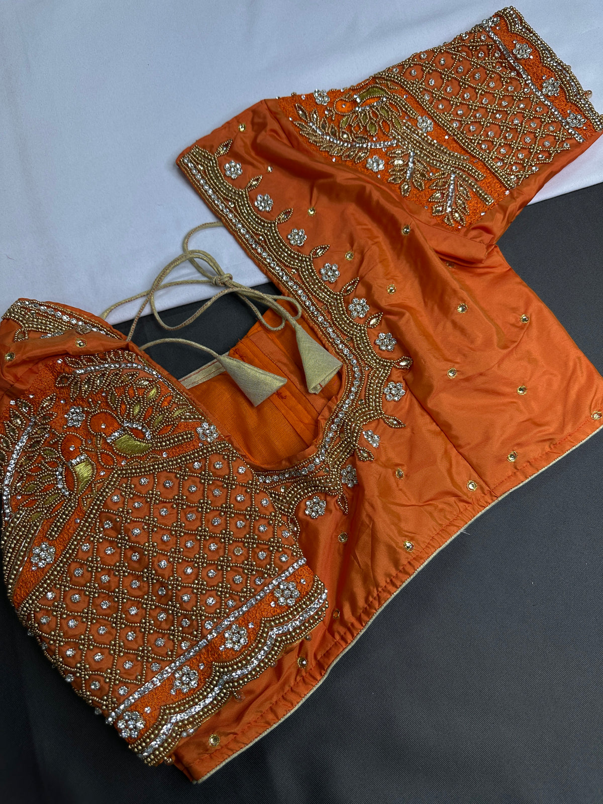 Orange Pattu Silk Maggam Aari Blouse - BL000805