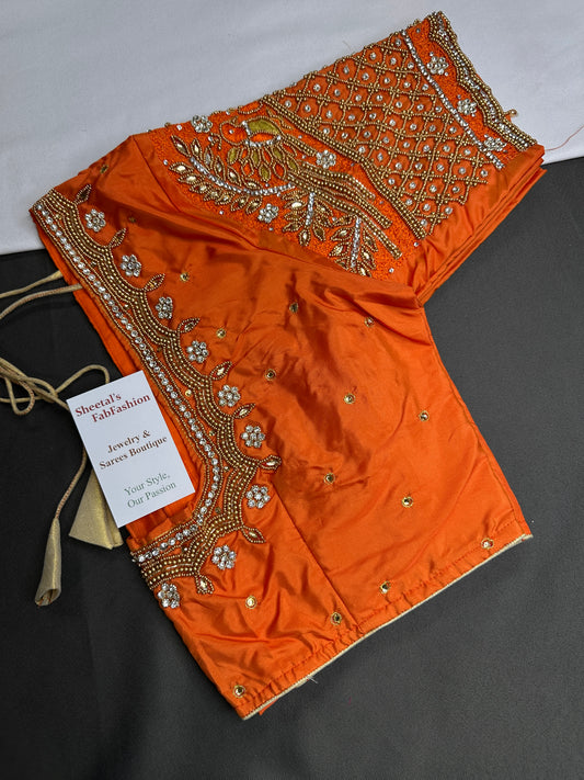 Orange Pattu Silk Maggam Aari Blouse - BL000805