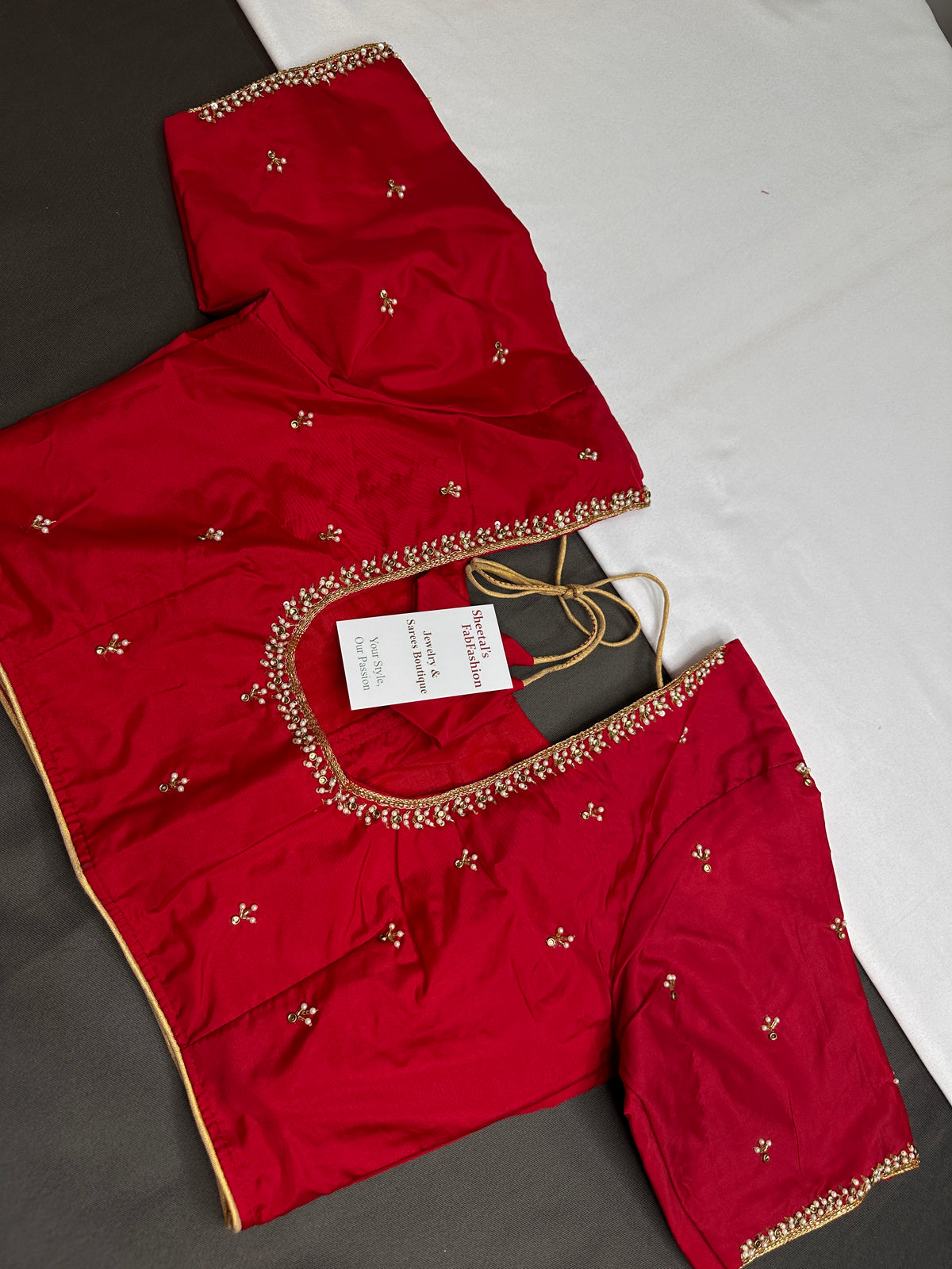 Red Pattu Silk Elegant Maggam Aari Blouse - BL000806