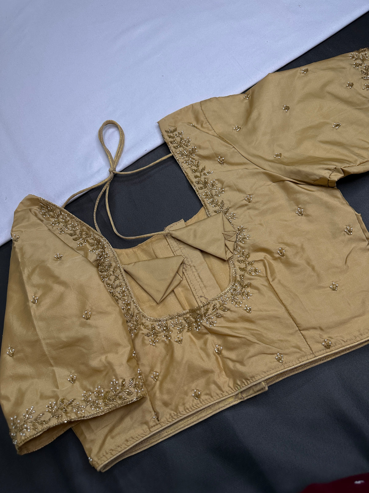 Beige Cream Pattu Silk Elegant Maggam Aari Blouse - BL000807