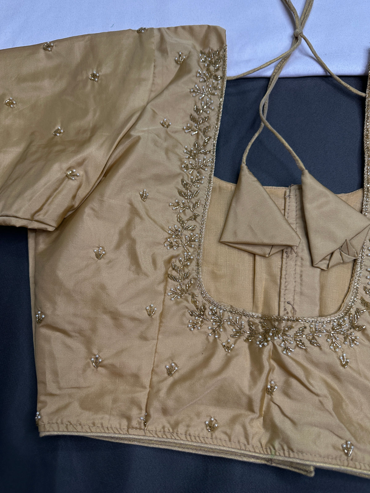 Beige Cream Pattu Silk Elegant Maggam Aari Blouse - BL000807