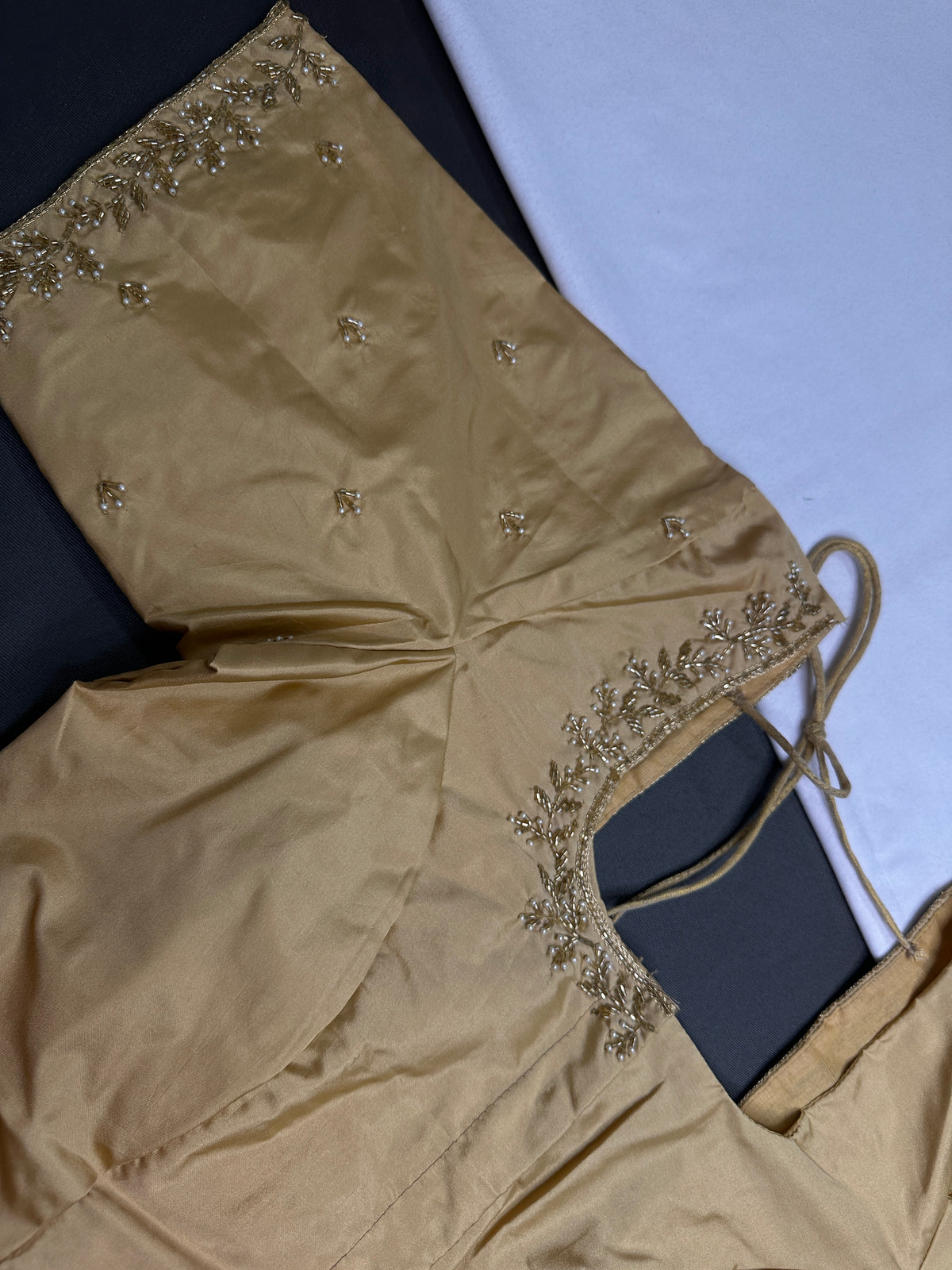 Beige Cream Pattu Silk Elegant Maggam Aari Blouse - BL000807