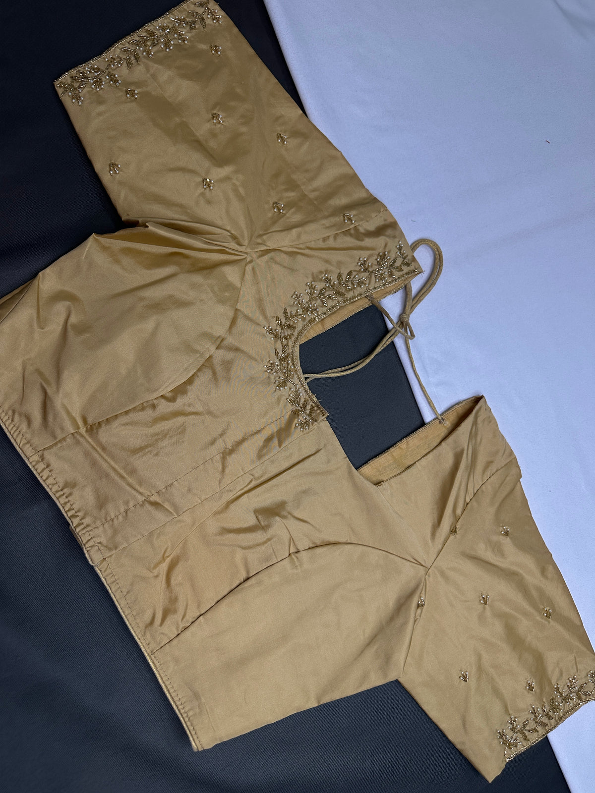 Beige Cream Pattu Silk Elegant Maggam Aari Blouse - BL000807