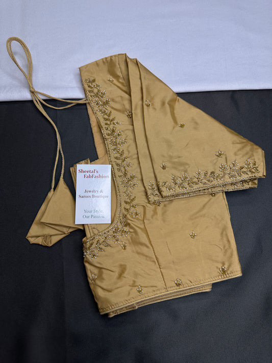 Beige Cream Pattu Silk Elegant Maggam Aari Blouse - BL000807