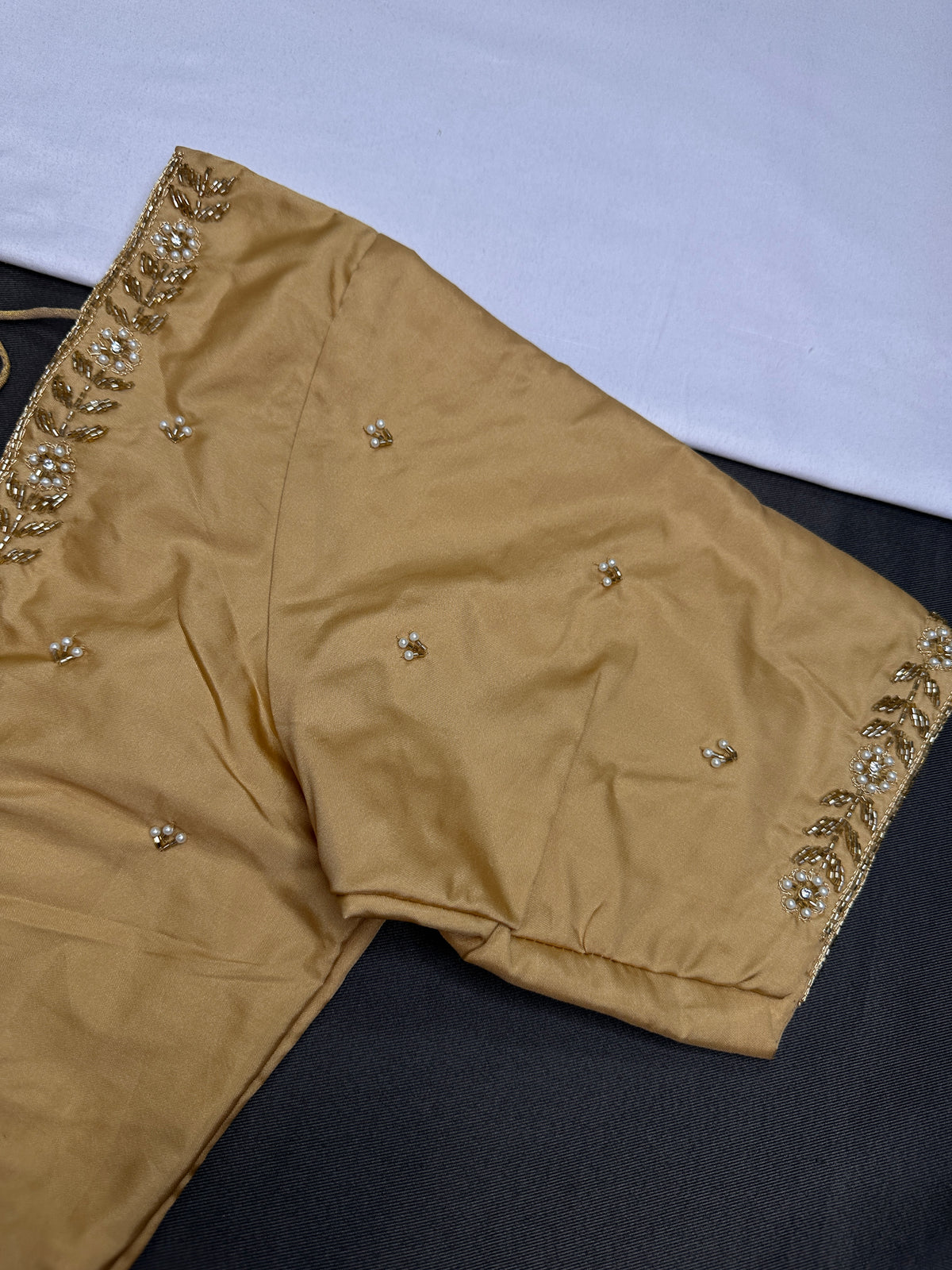 Beige Cream Pattu Silk Elegant Maggam Aari Blouse - BL000810