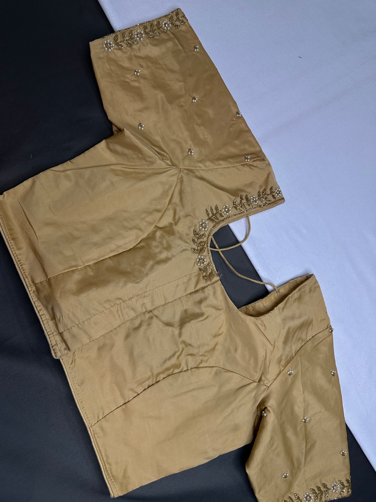 Beige Cream Pattu Silk Elegant Maggam Aari Blouse - BL000810