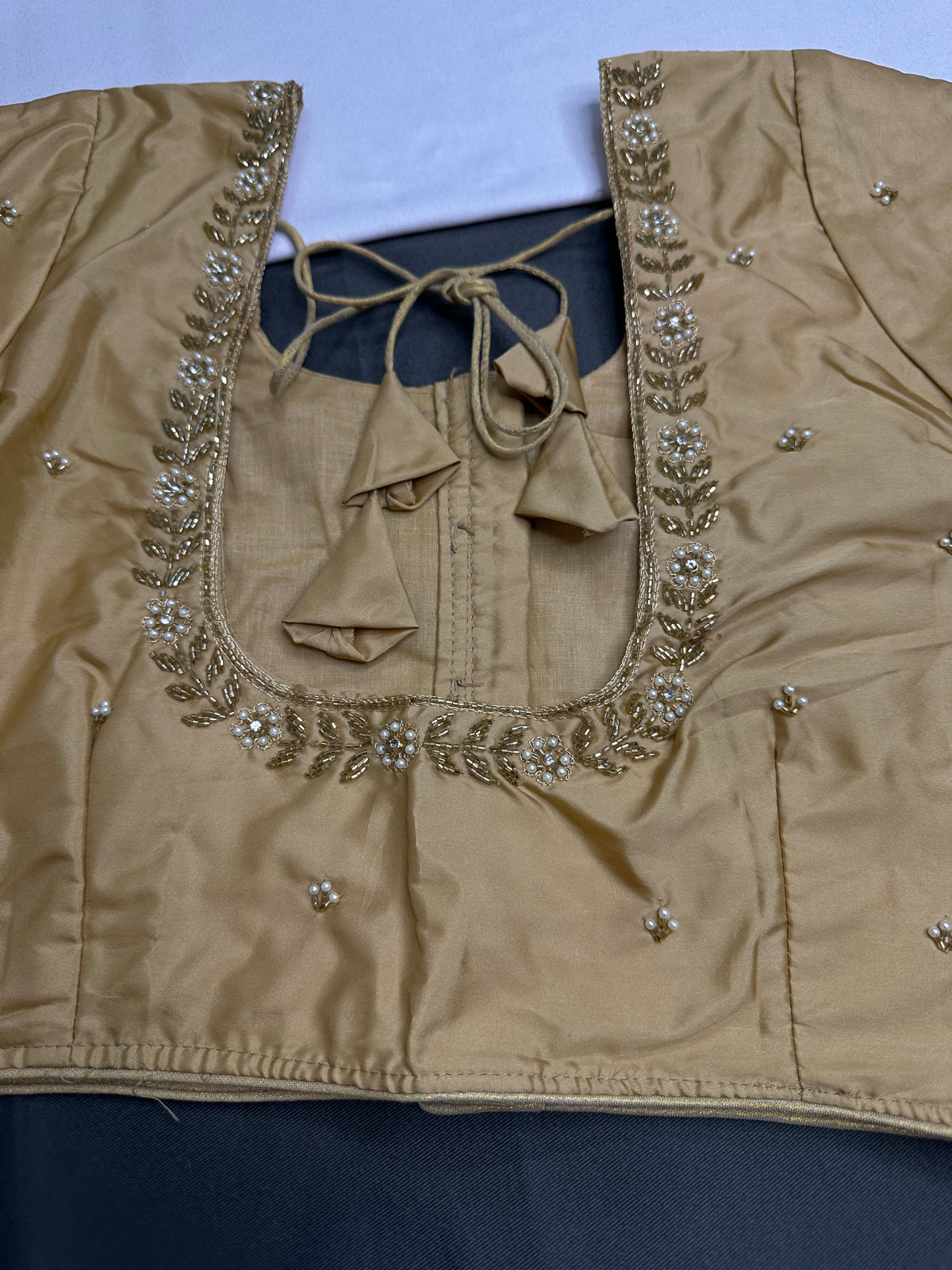 Beige Cream Pattu Silk Elegant Maggam Aari Blouse - BL000810