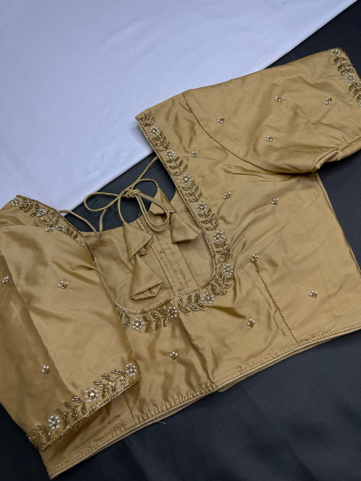 Beige Cream Pattu Silk Elegant Maggam Aari Blouse - BL000810