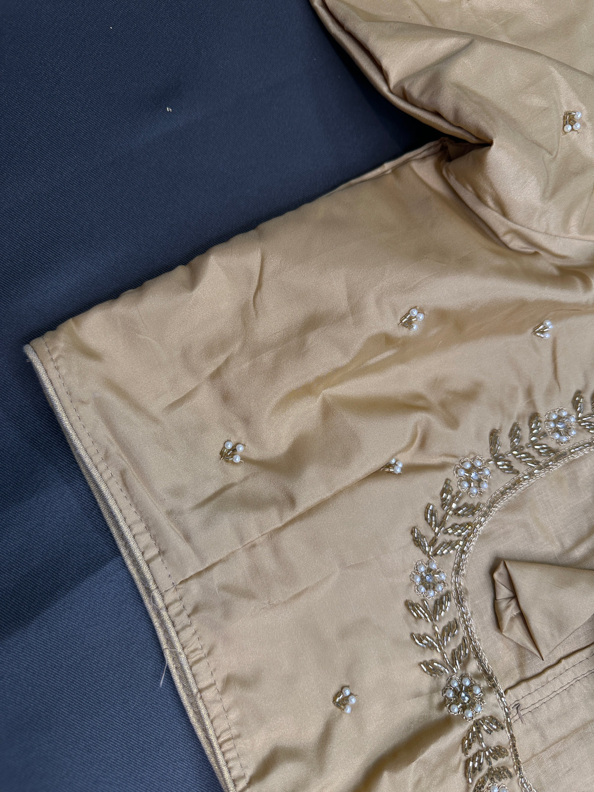 Beige Cream Pattu Silk Elegant Maggam Aari Blouse - BL000810