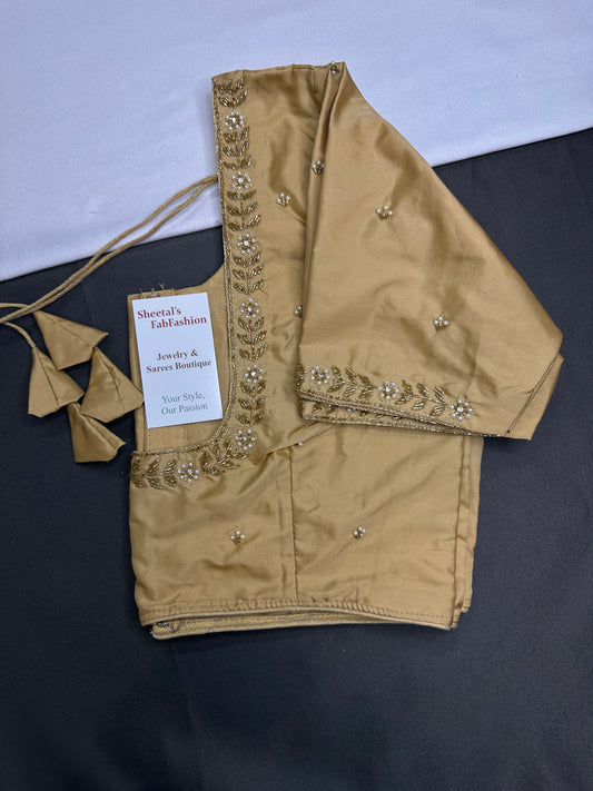 Beige Cream Pattu Silk Elegant Maggam Aari Blouse - BL000810