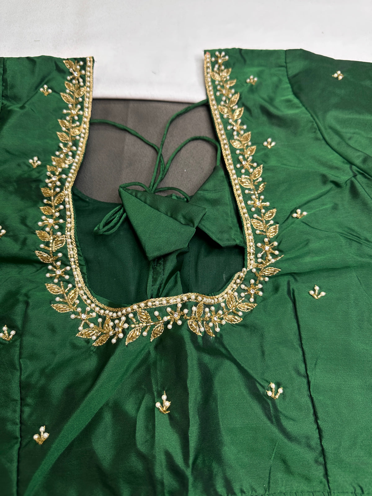 Green Pattu Silk Elegant Maggam Aari Blouse - BL000811