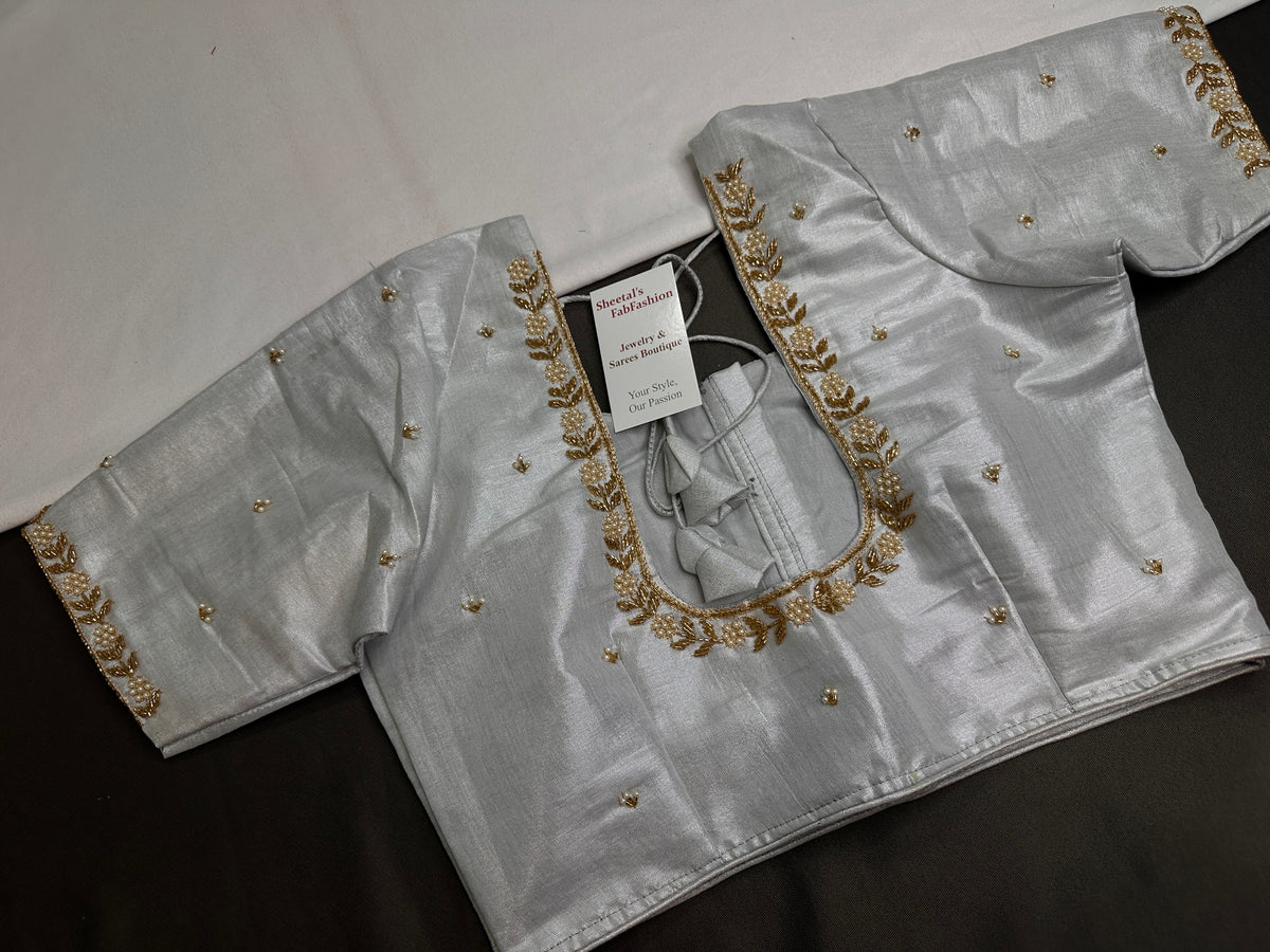 Silver Pattu Silk Elegant Maggam Aari Blouse - BL000813