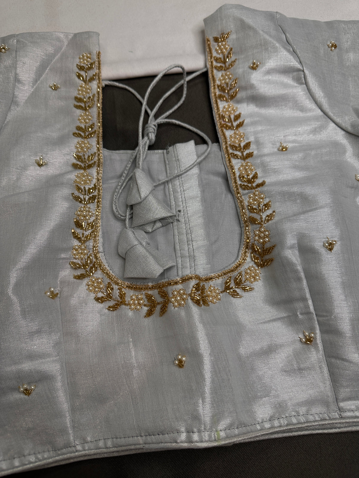 Silver Pattu Silk Elegant Maggam Aari Blouse - BL000813