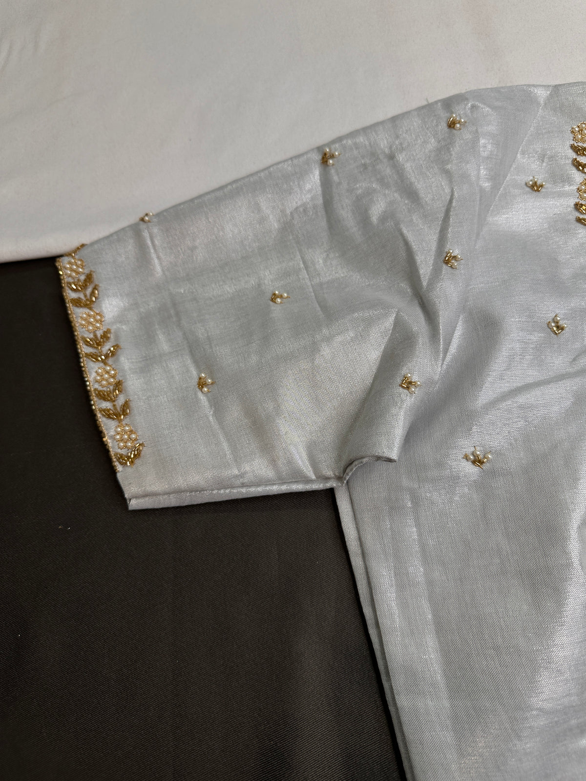 Silver Pattu Silk Elegant Maggam Aari Blouse - BL000813