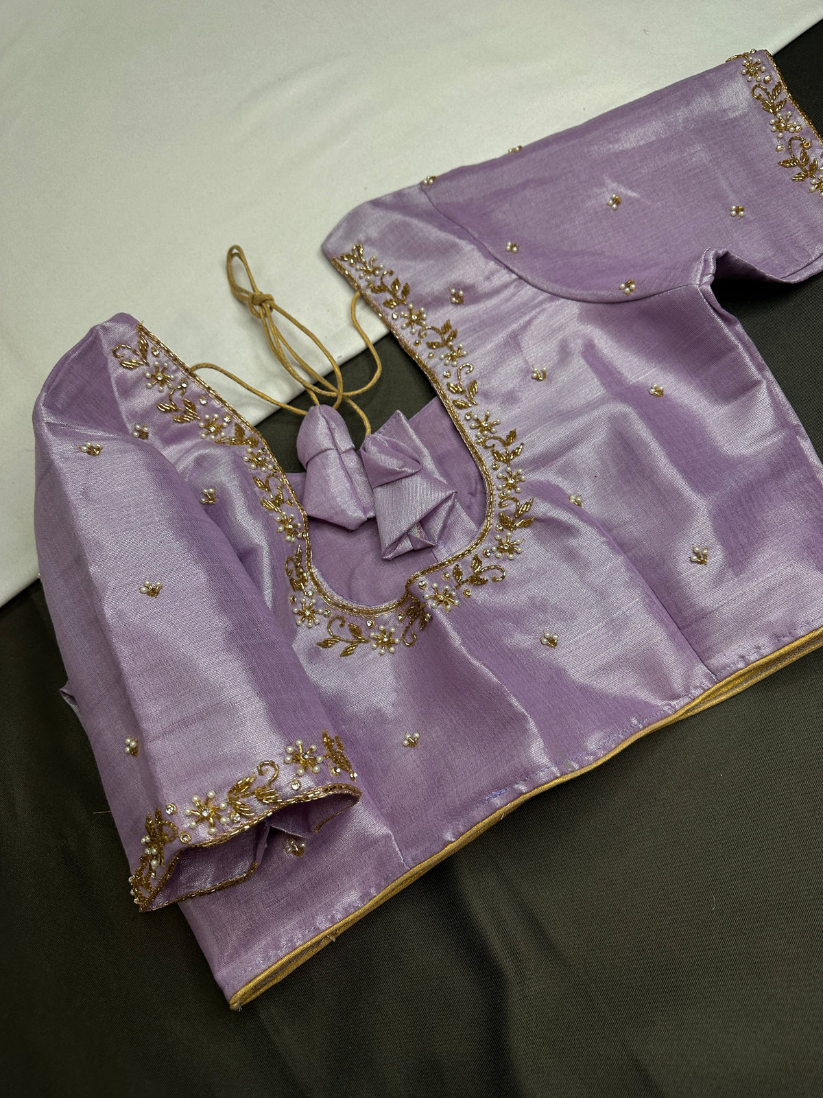 Lavender Purple Pattu Silk Elegant Maggam Aari Blouse - BL000815