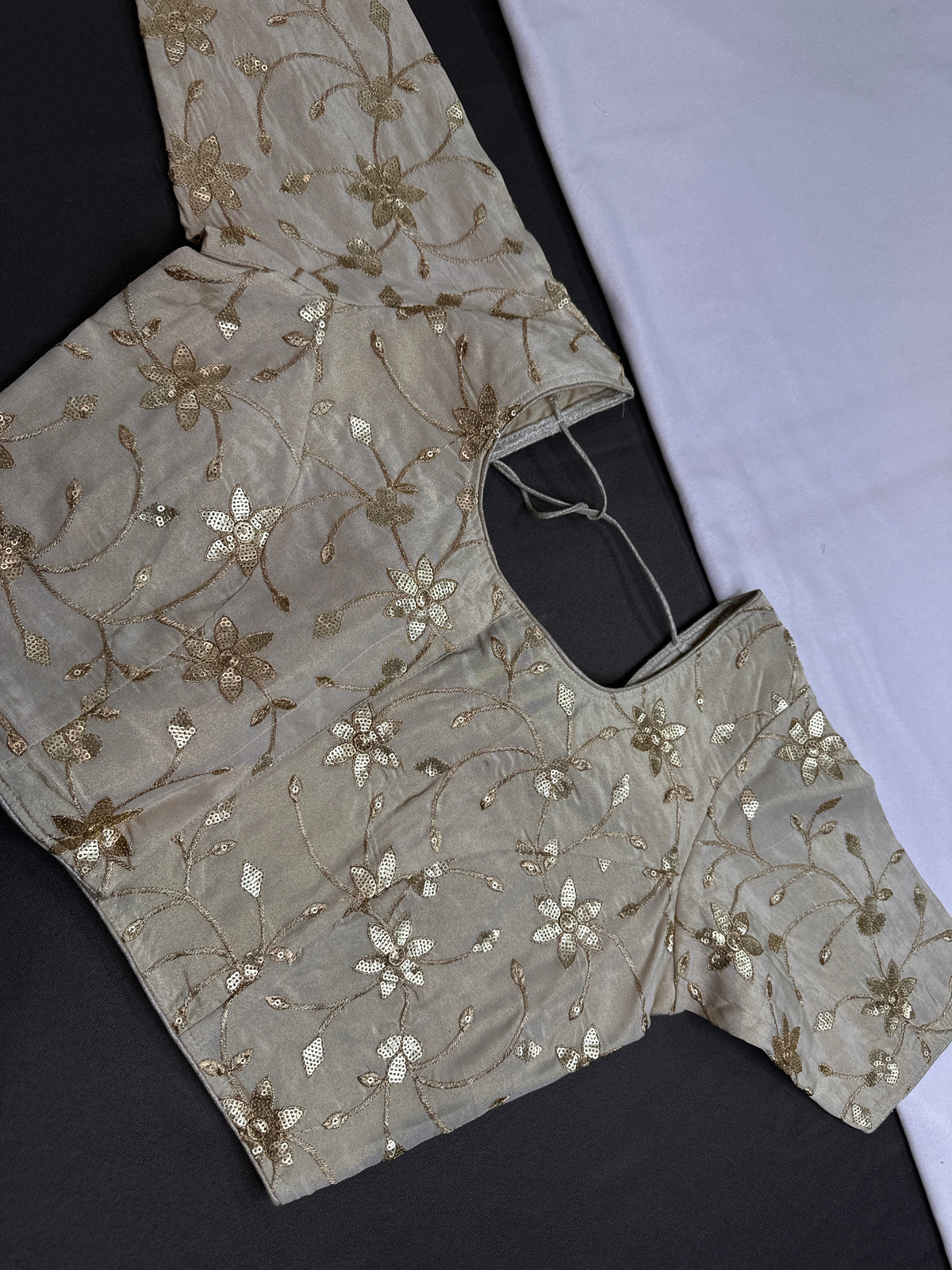Beige Gold Sequins Embroidery Silk Blouse - 