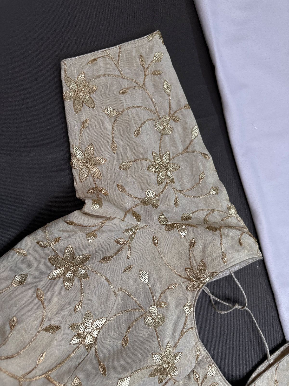 Beige Gold Sequins Embroidery Silk Blouse - 