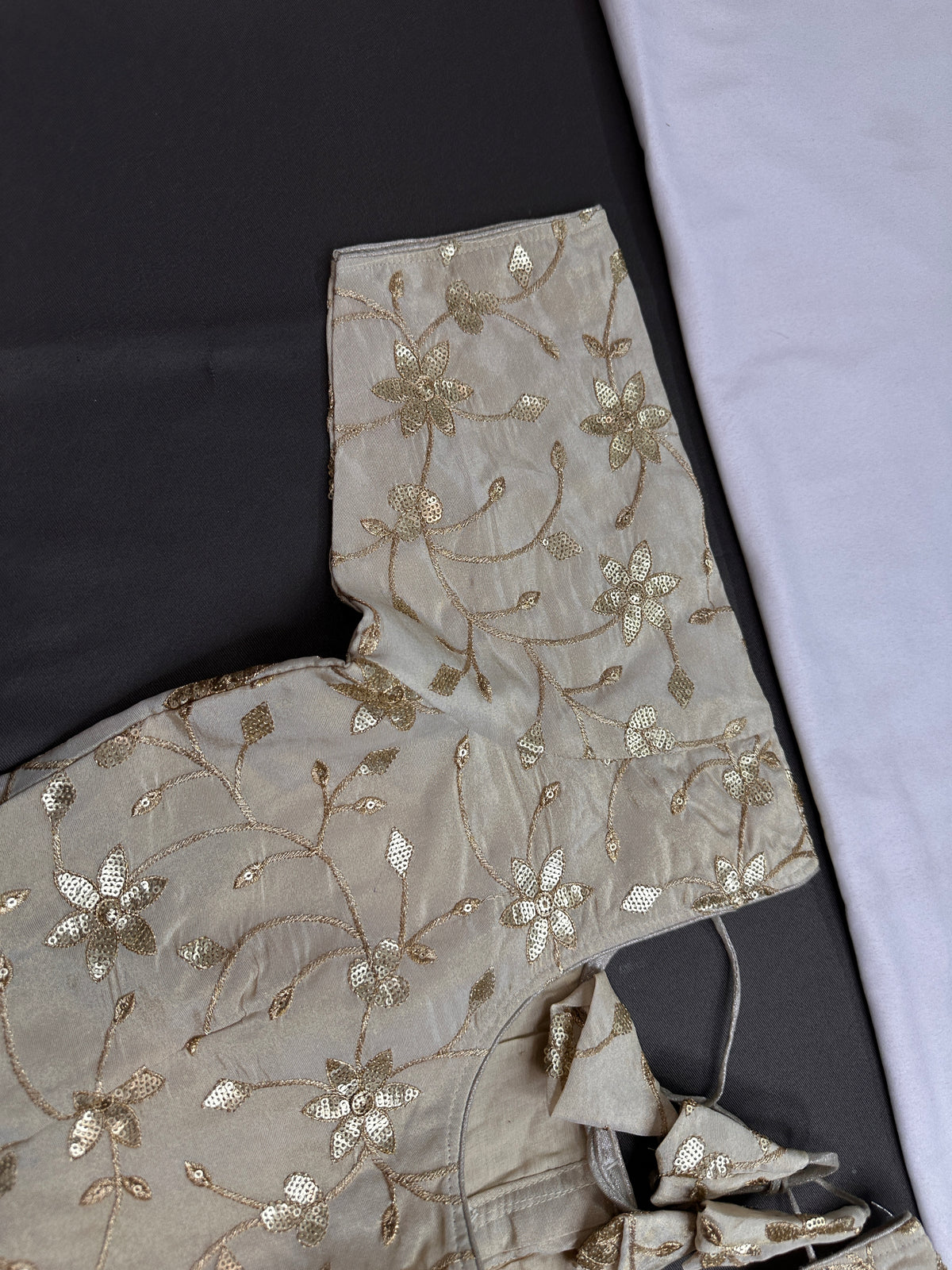 Beige Gold Sequins Embroidery Silk Blouse - 