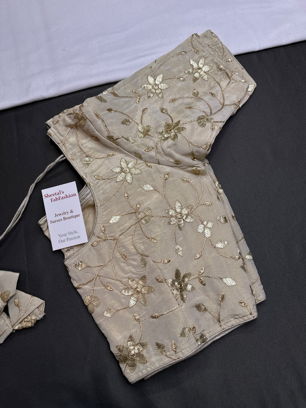 Beige Gold Sequins Embroidery Silk Blouse - 