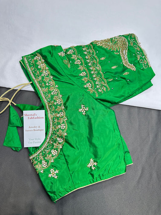 Green Maggam Work Silk Blouse - 
