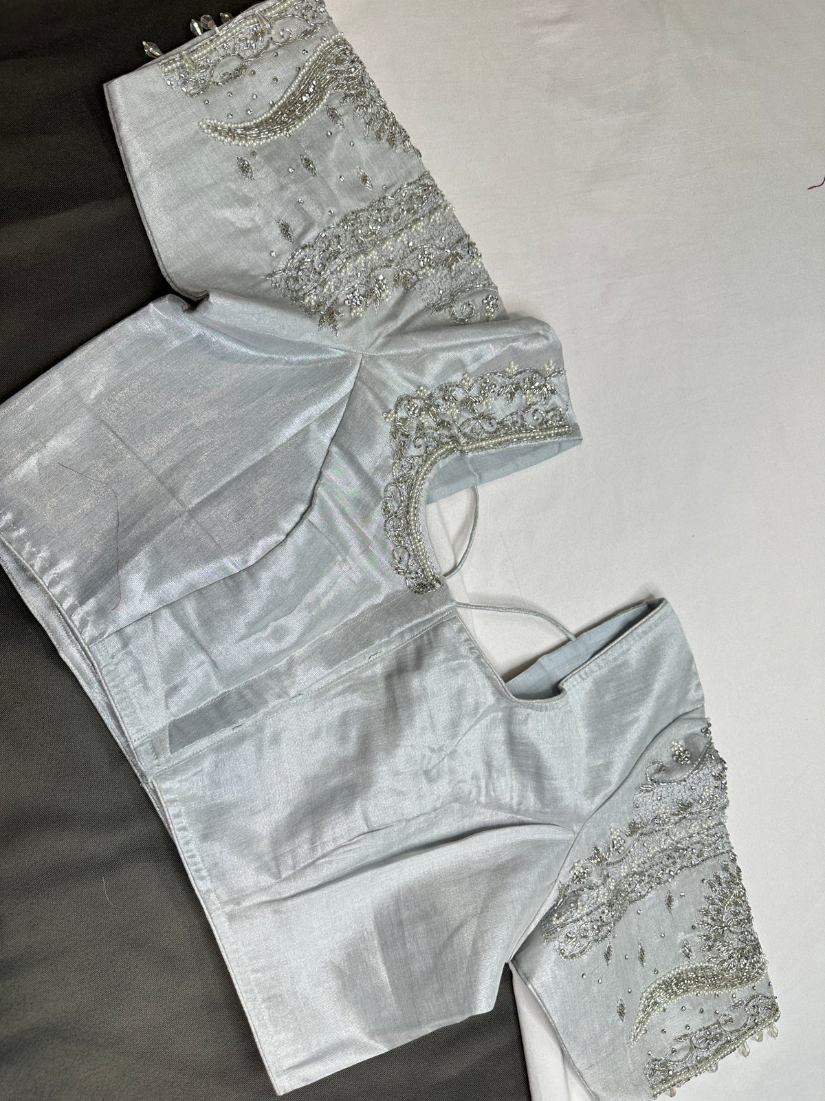 Silver Kardana Maggam Work Silk Blouse - 