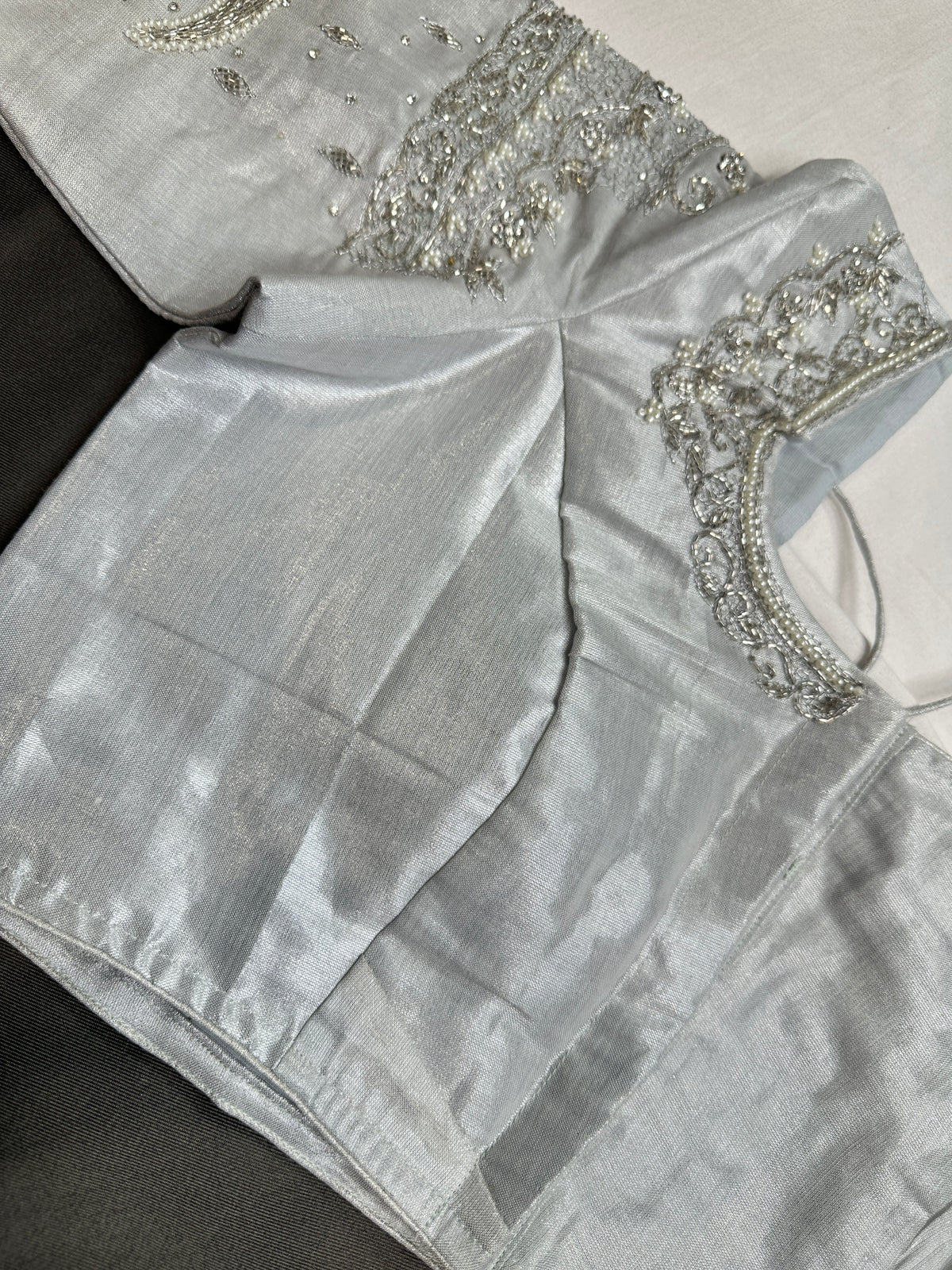 Silver Kardana Maggam Work Silk Blouse - 